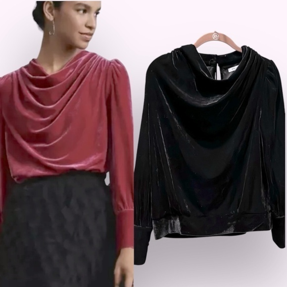🇪🇸🐠Anthropologie BYFL-life velour blouse small black cowl neck button cuffs